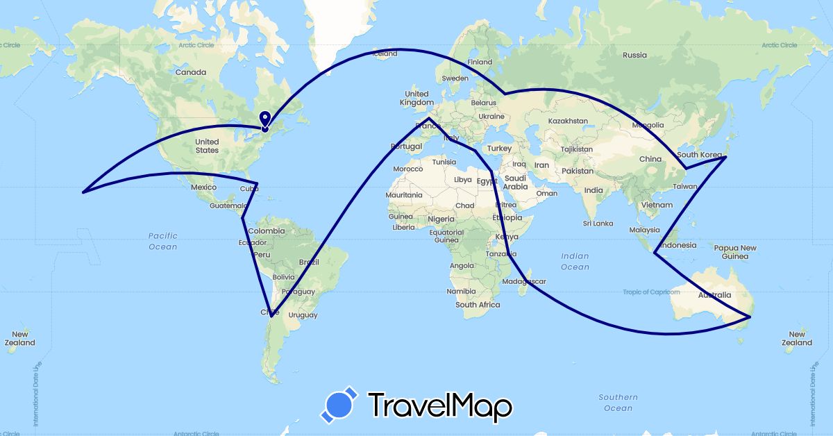 TravelMap itinerary: driving in Australia, Bahamas, Canada, Chile, China, Costa Rica, Egypt, France, Greece, Indonesia, Italy, Japan, Madagascar, Russia, Tanzania, United States (Africa, Asia, Europe, North America, Oceania, South America)