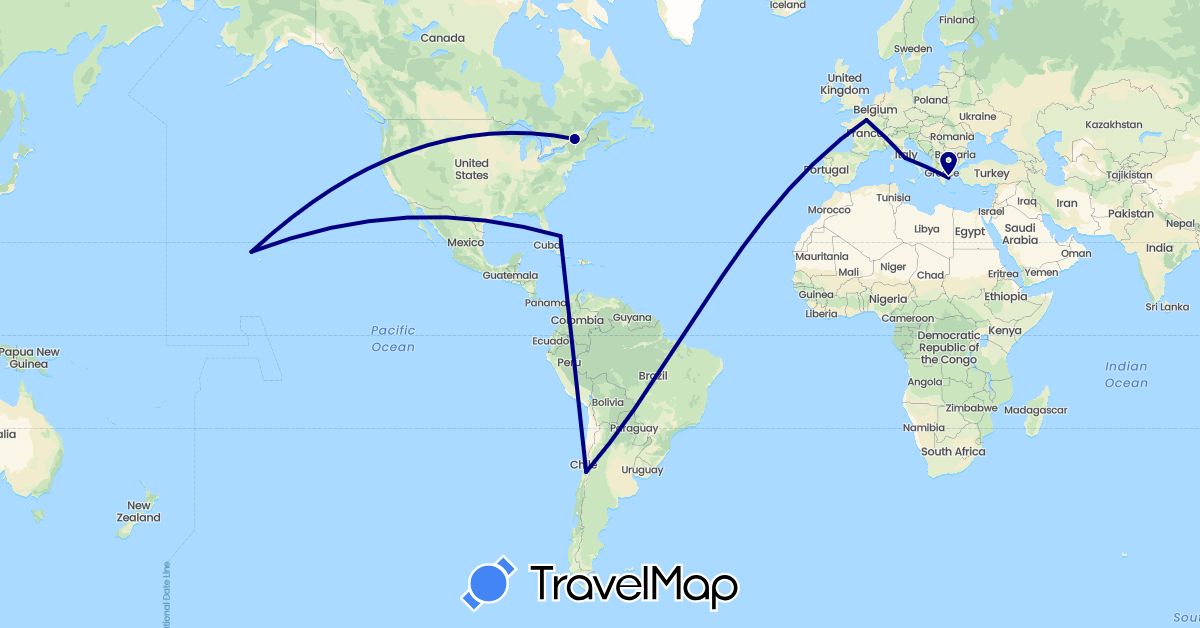 TravelMap itinerary: driving in Bahamas, Canada, Chile, France, Greece, Italy, United States (Europe, North America, South America)
